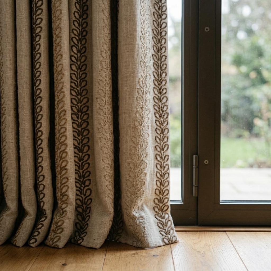 Natural Linen Taupe Embroidered Curtains, Multi Tone Leaf Stripe Drapes, Heavy Custom Blackout Cotton Panels — image 6