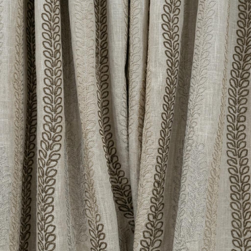 Natural Linen Taupe Embroidered Curtains, Multi Tone Leaf Stripe Drapes, Heavy Custom Blackout Cotton Panels — image 5