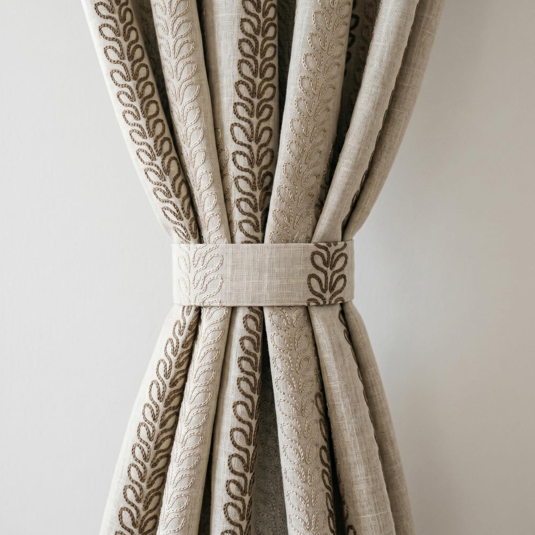 Natural Linen Taupe Embroidered Curtains, Multi Tone Leaf Stripe Drapes, Heavy Custom Blackout Cotton Panels — image 1