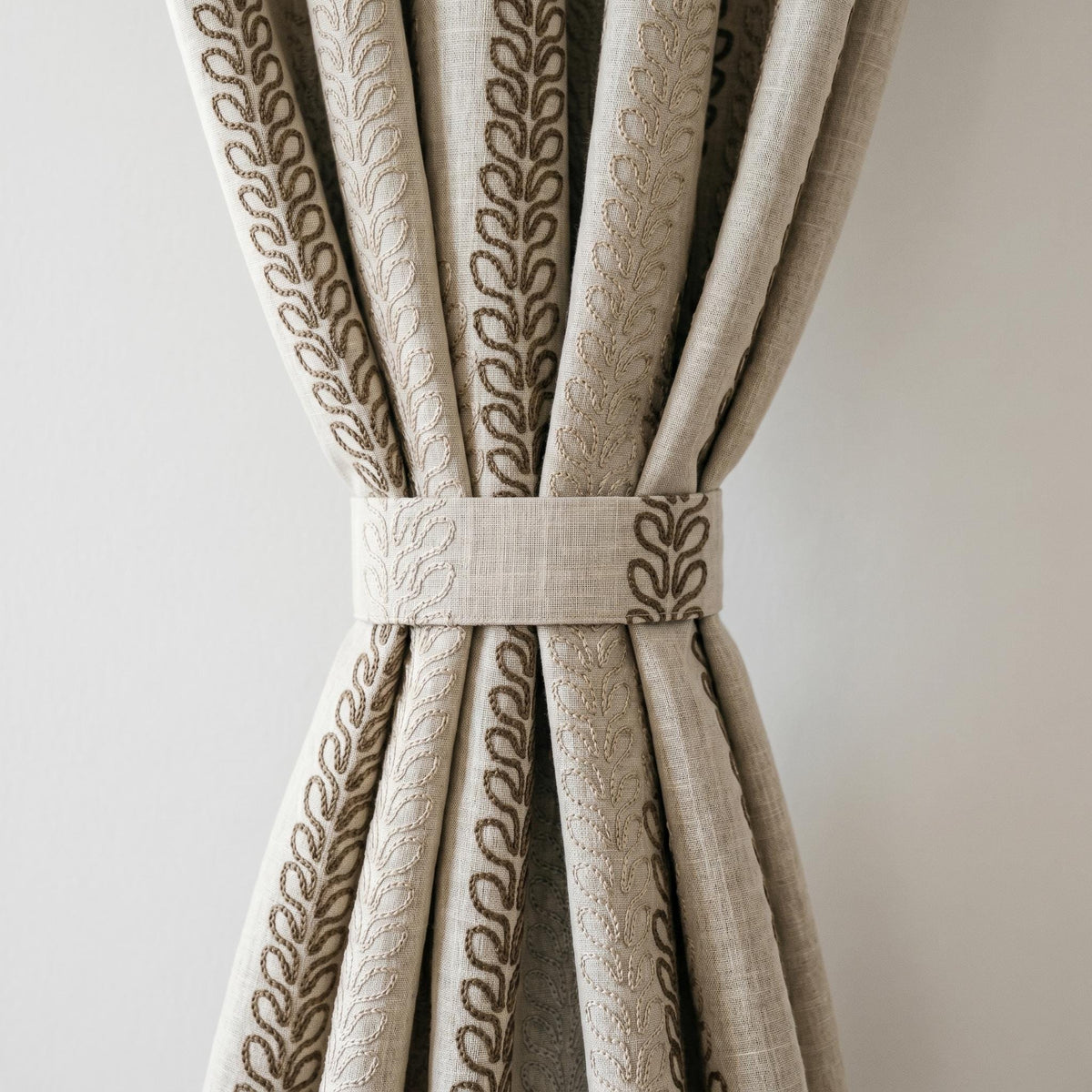 Natural Linen Taupe Embroidered Curtains, Multi Tone Leaf Stripe Drapes, Heavy Custom Blackout Cotton Panels — image 2