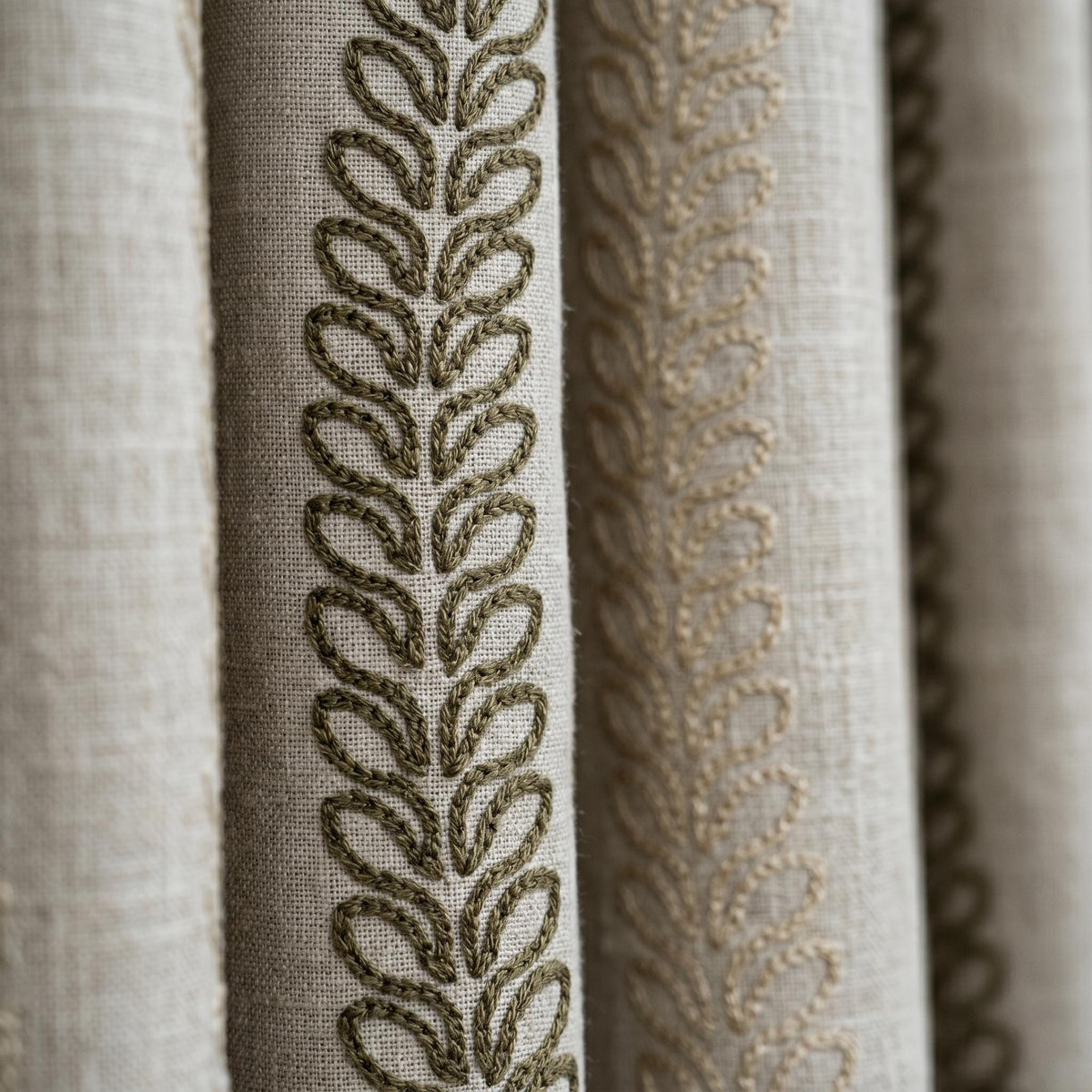 Natural Linen Taupe Embroidered Curtains, Multi Tone Leaf Stripe Drapes, Heavy Custom Blackout Cotton Panels — image 10