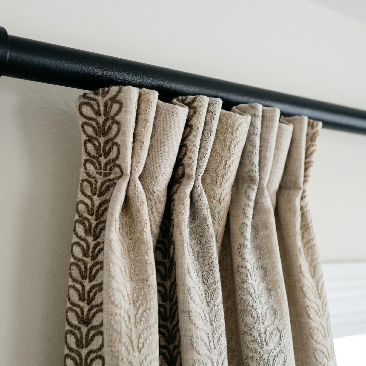 Natural Linen Taupe Embroidered Curtains, Multi Tone Leaf Stripe Drapes, Heavy Custom Blackout Cotton Panels — image 7