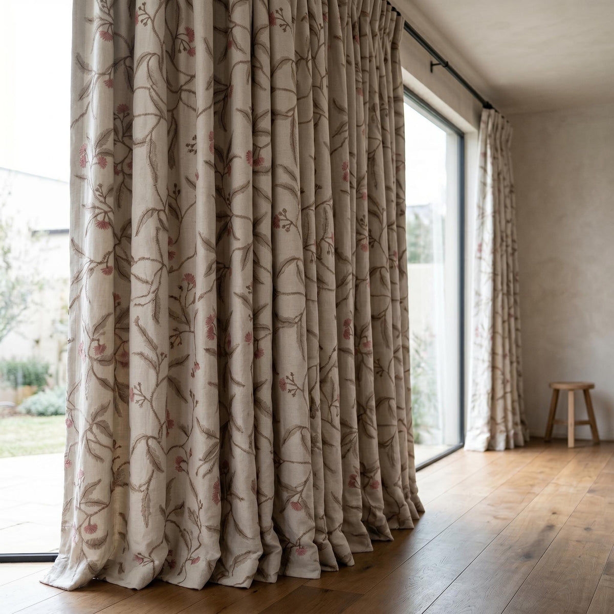 Heavy Pure Linen Embroidered Curtains, Ivory Botanical Vine Drapes, Sage Green Pink Floral Blackout Cotton Panels — image 5