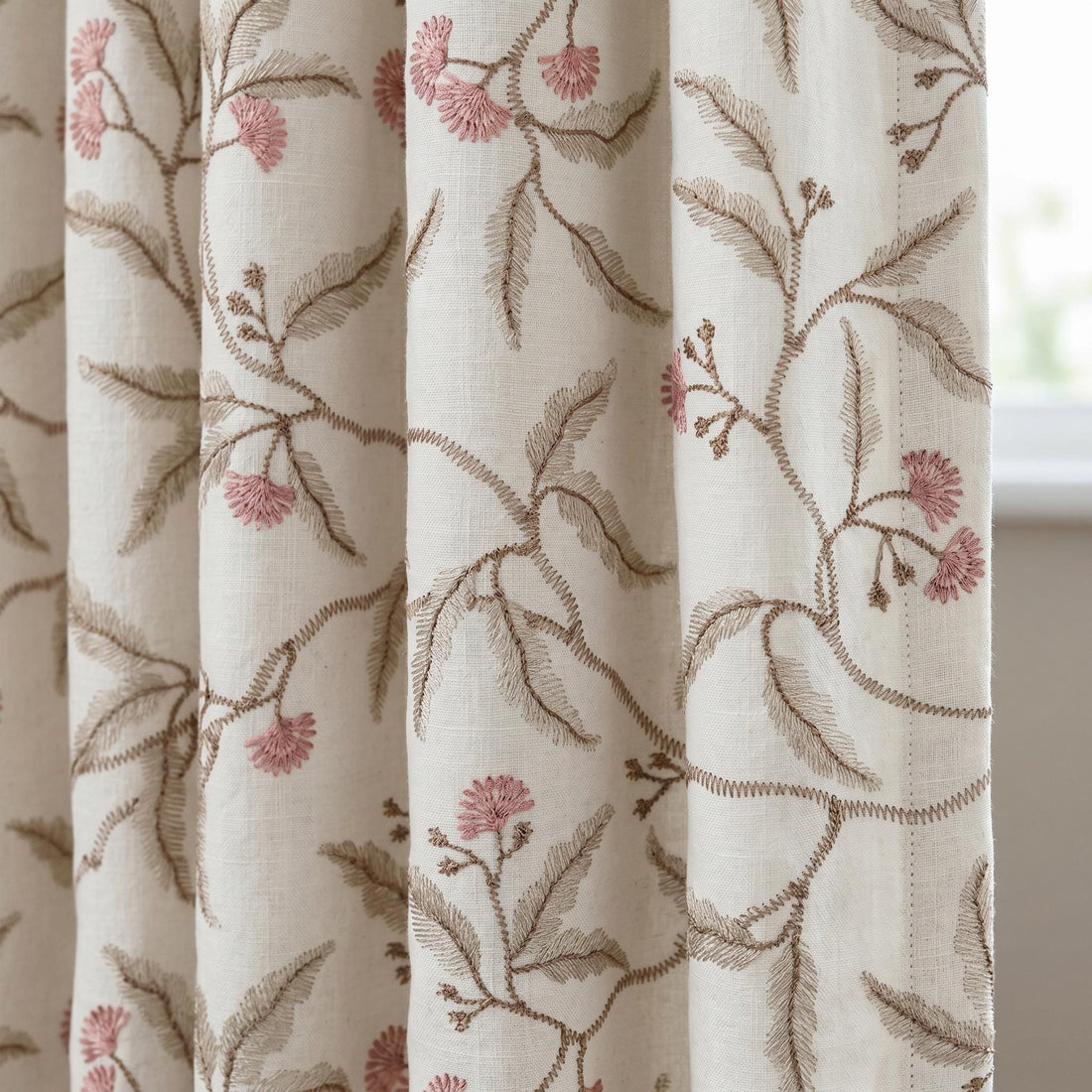 Heavy Pure Linen Embroidered Curtains, Ivory Botanical Vine Drapes, Sage Green Pink Floral Blackout Cotton Panels — image 1