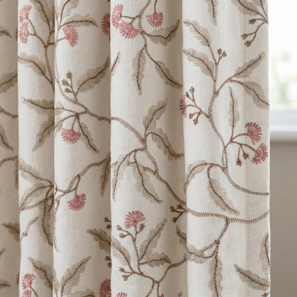 Heavy Pure Linen Embroidered Curtains, Ivory Botanical Vine Drapes, Sage Green Pink Floral Blackout Cotton Panels — image 1