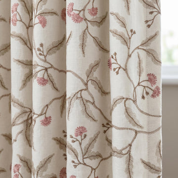 Heavy Pure Linen Embroidered Curtains, Ivory Botanical Vine Drapes, Sage Green Pink Floral Blackout Cotton Panels — image 1