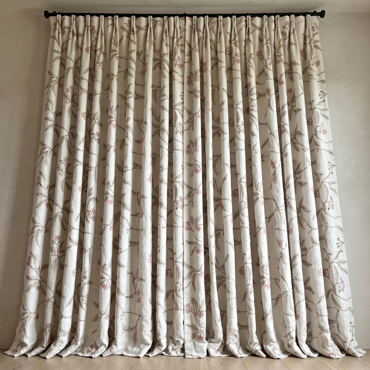 Heavy Pure Linen Embroidered Curtains, Ivory Botanical Vine Drapes, Sage Green Pink Floral Blackout Cotton Panels — image 6