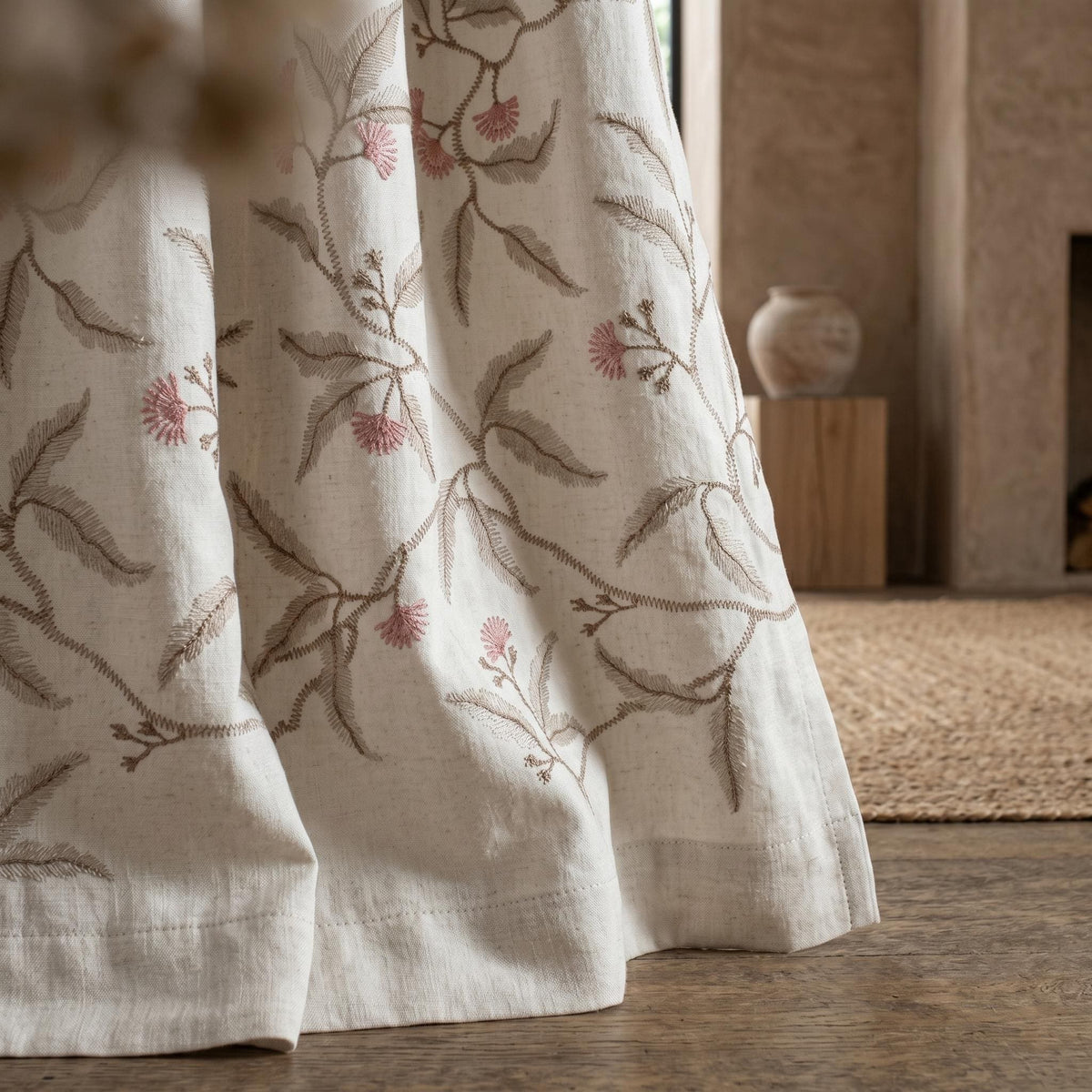 Heavy Pure Linen Embroidered Curtains, Ivory Botanical Vine Drapes, Sage Green Pink Floral Blackout Cotton Panels — image 7
