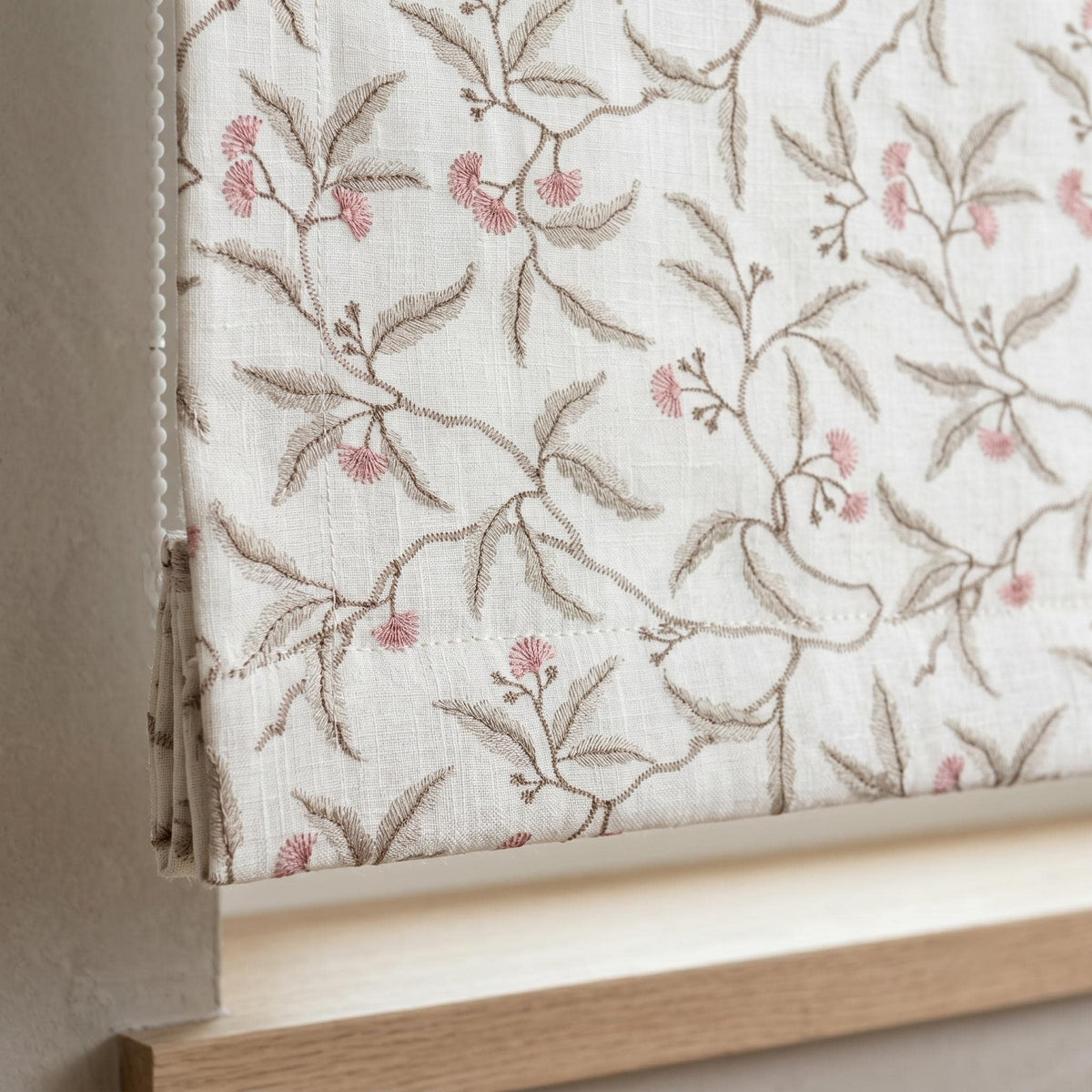 Embroidered Linen Roman Shade, Ivory Pink Botanical Blind, Sage Beige Leaf Vine Custom Roman Blind, Blackout or Light Filter — image 4