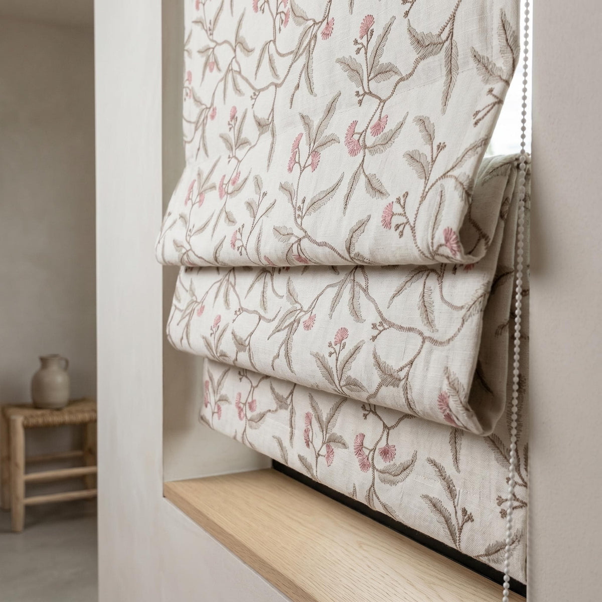 Embroidered Linen Roman Shade, Ivory Pink Botanical Blind, Sage Beige Leaf Vine Custom Roman Blind, Blackout or Light Filter — image 5