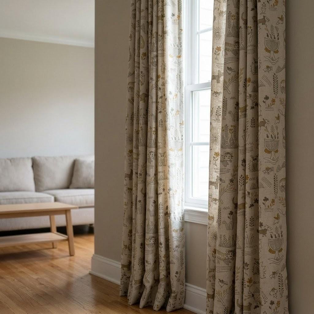 Woodland Animal Linen Curtains, Heavy Oatmeal Nursery Drapes, Mustard Folk Print, Cotton Lined or Blackout — image 5
