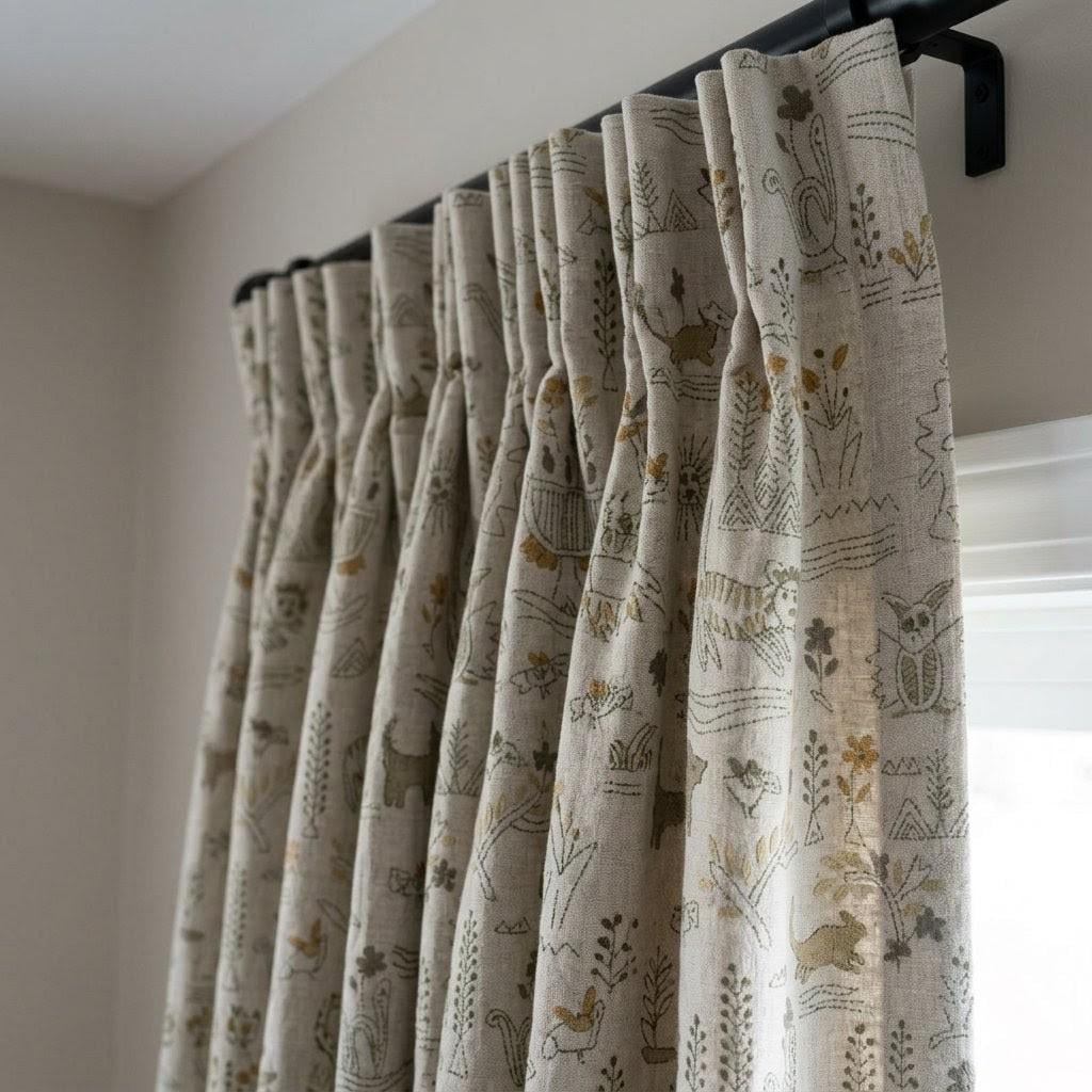 Woodland Animal Linen Curtains, Heavy Oatmeal Nursery Drapes, Mustard Folk Print, Cotton Lined or Blackout — image 4