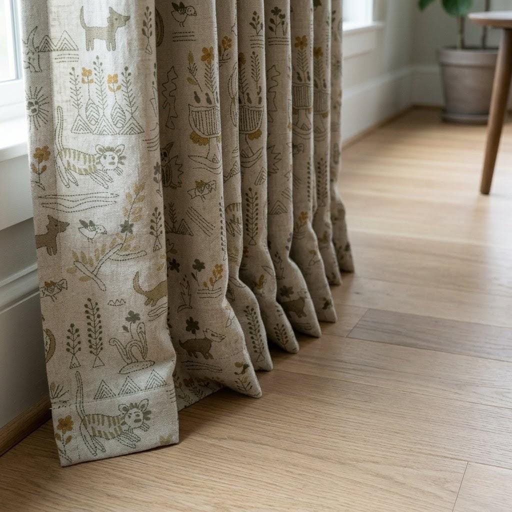 Woodland Animal Linen Curtains, Heavy Oatmeal Nursery Drapes, Mustard Folk Print, Cotton Lined or Blackout — image 2