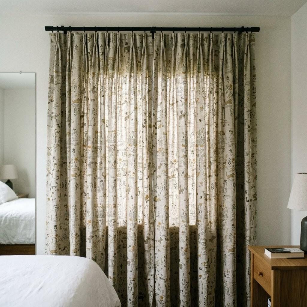 Woodland Animal Linen Curtains, Heavy Oatmeal Nursery Drapes, Mustard Folk Print, Cotton Lined or Blackout — image 9