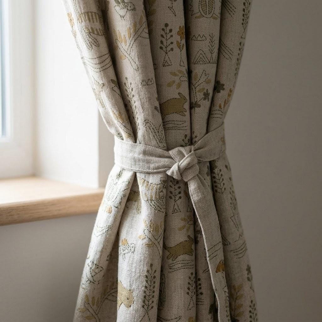 Woodland Animal Linen Curtains, Heavy Oatmeal Nursery Drapes, Mustard Folk Print, Cotton Lined or Blackout — image 3