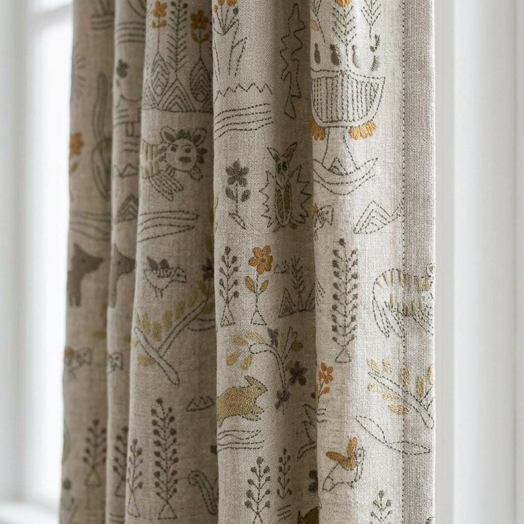 Woodland Animal Linen Curtains, Heavy Oatmeal Nursery Drapes, Mustard Folk Print, Cotton Lined or Blackout — image 1