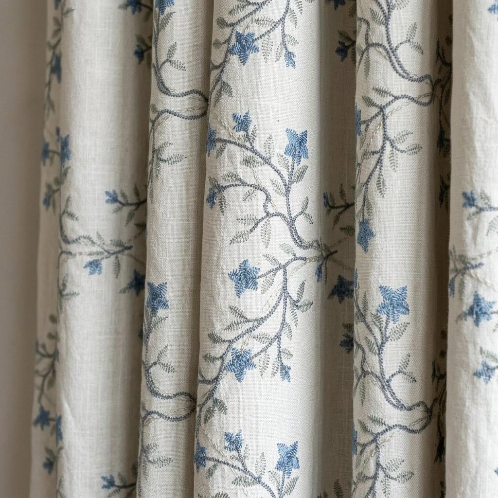 Heavy Pure Linen Embroidered Curtains, Ivory Blue Floral Vine Drapes, Sage Leaf Blackout or Cotton Lined Panels — image 1