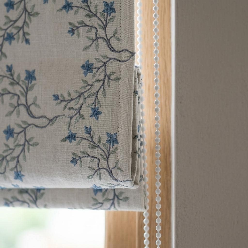 Blue Floral Embroidered Linen Roman Shade, Ivory Botanical Blind, Sage Leaf Vine Custom Roman Blind, Blackout or Light Filter — image 1
