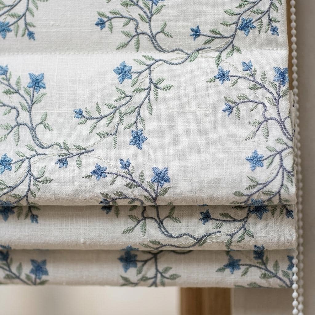 Blue Floral Embroidered Linen Roman Shade, Ivory Botanical Blind, Sage Leaf Vine Custom Roman Blind, Blackout or Light Filter — image 1