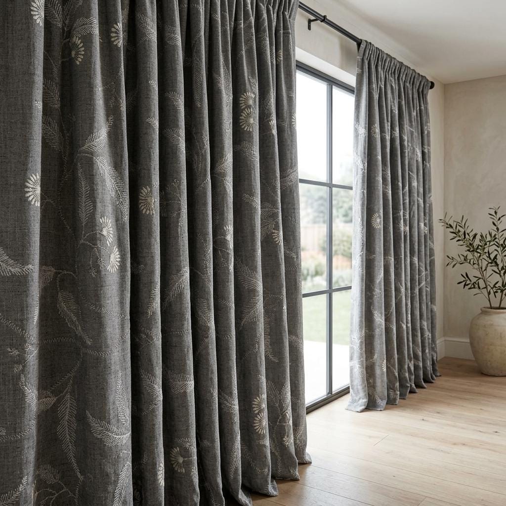 Pure Linen Embroidered Curtains, Gray Floral Vine Drapes, Ivory Botanical Blackout or Cotton Lined Panels — image 5