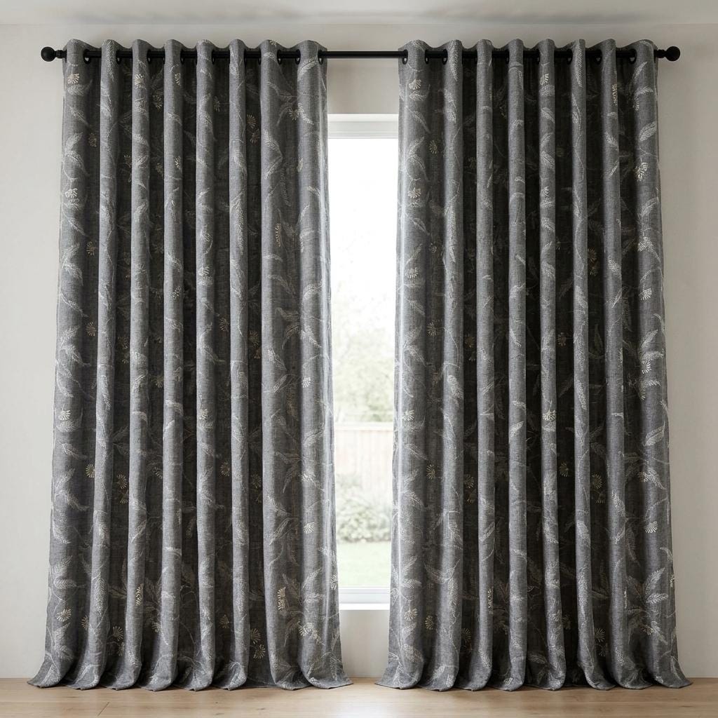 Pure Linen Embroidered Curtains, Gray Floral Vine Drapes, Ivory Botanical Blackout or Cotton Lined Panels — image 7