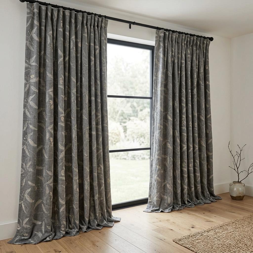 Pure Linen Embroidered Curtains, Gray Floral Vine Drapes, Ivory Botanical Blackout or Cotton Lined Panels — image 9