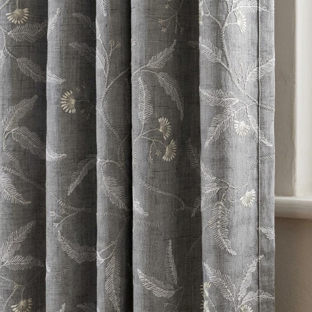 Pure Linen Embroidered Curtains, Gray Floral Vine Drapes, Ivory Botanical Blackout or Cotton Lined Panels — image 1