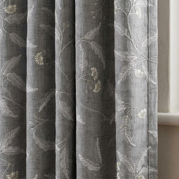 Pure Linen Embroidered Curtains, Gray Floral Vine Drapes, Ivory Botanical Blackout or Cotton Lined Panels — image 1