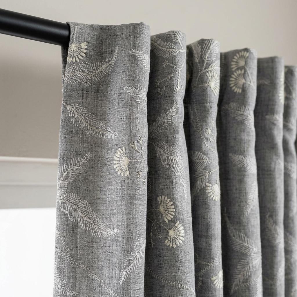 Pure Linen Embroidered Curtains, Gray Floral Vine Drapes, Ivory Botanical Blackout or Cotton Lined Panels — image 2