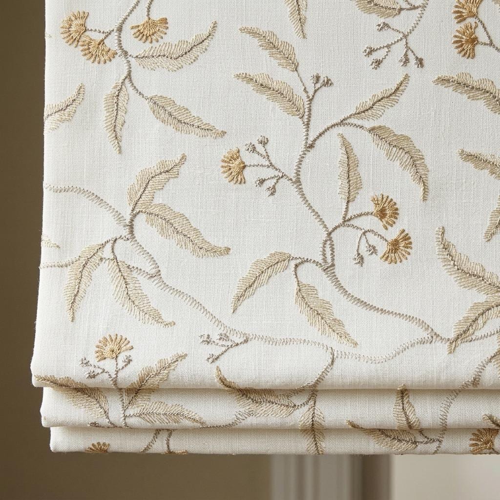 Gold Floral Embroidered Linen Roman Shade, Ivory Botanical Blind, Beige Leaf Vine Custom Roman Blind, Blackout or Light Filter — image 1