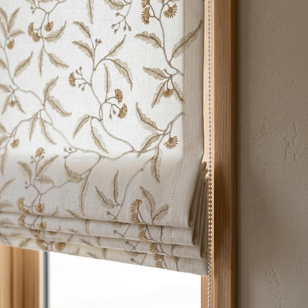 Gold Floral Embroidered Linen Roman Shade, Ivory Botanical Blind, Beige Leaf Vine Custom Roman Blind, Blackout or Light Filter — image 1