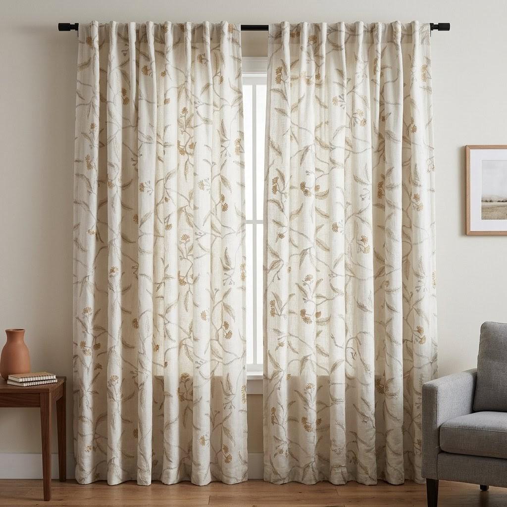 Heavy Pure Linen Embroidered Curtains, Ivory Gold Floral Vine Drapes, Blackout or Cotton Lined Farmhouse Panels — image 5