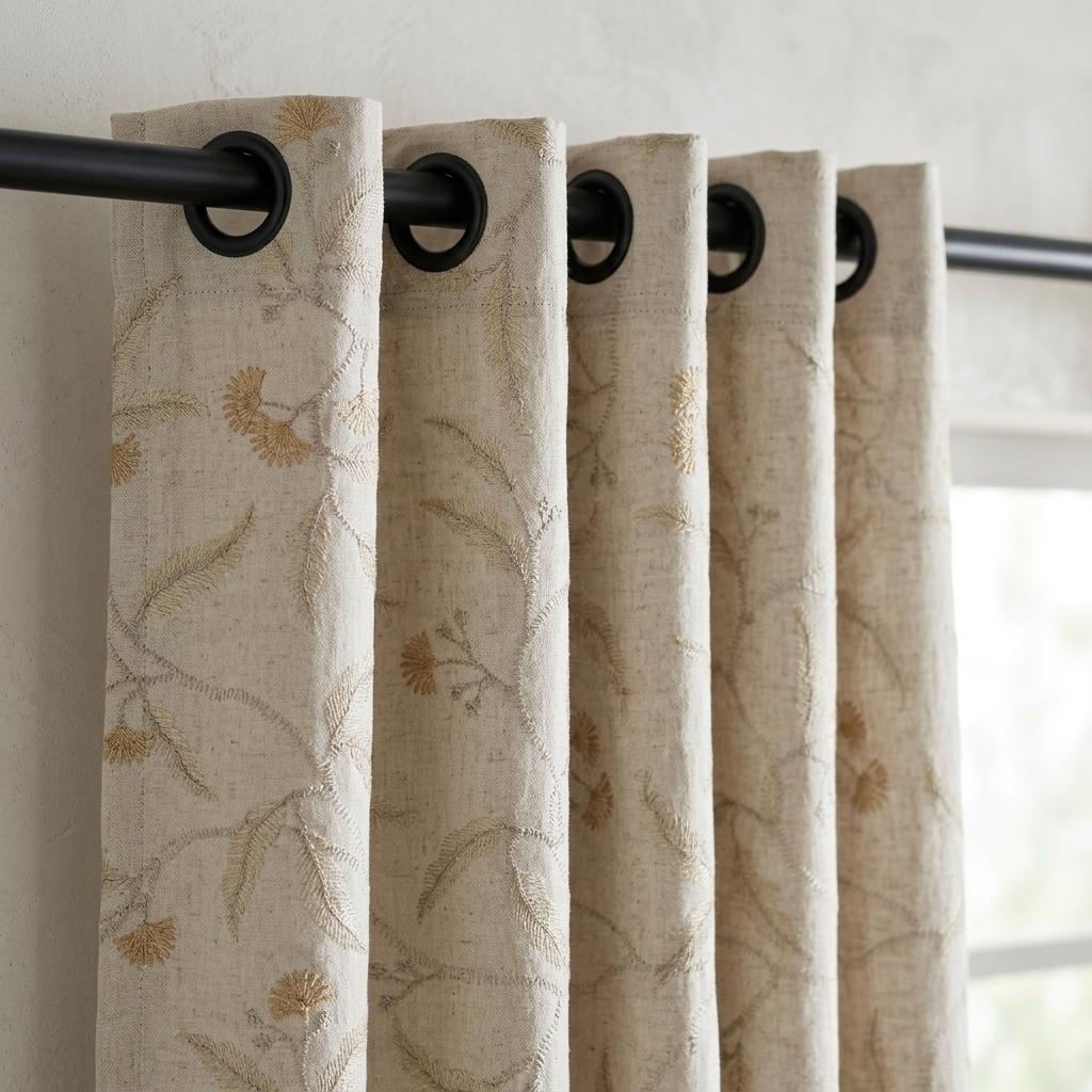 Heavy Pure Linen Embroidered Curtains, Ivory Gold Floral Vine Drapes, Blackout or Cotton Lined Farmhouse Panels — image 7