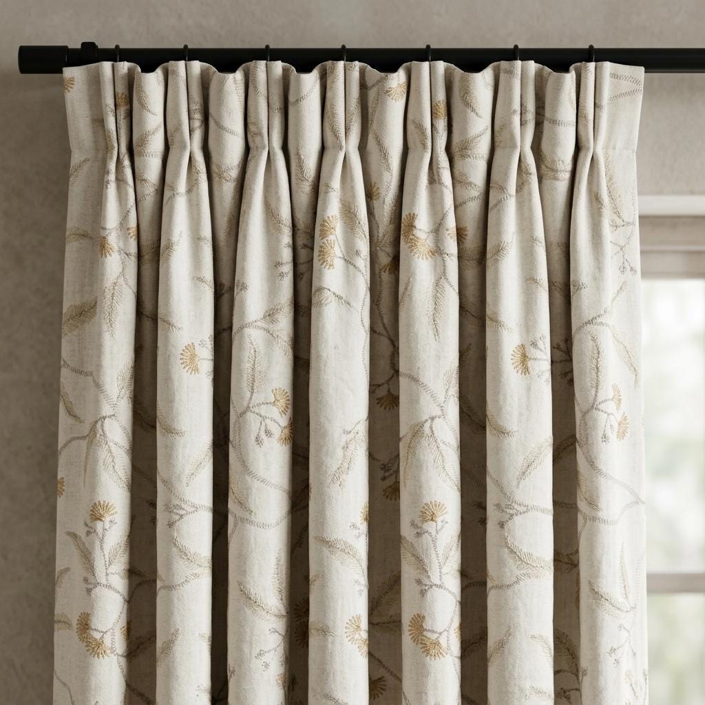 Heavy Pure Linen Embroidered Curtains, Ivory Gold Floral Vine Drapes, Blackout or Cotton Lined Farmhouse Panels — image 6