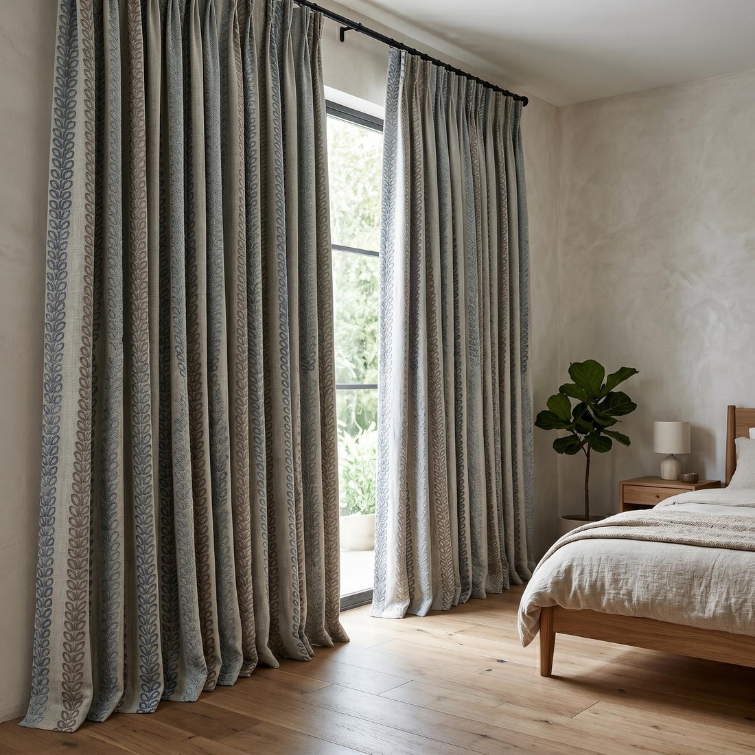 Linen Embroidered Curtains, Ivory Blue Gray Leaf Stripe Drapes, Blackout or Cotton Lined Farmhouse Panels — image 1