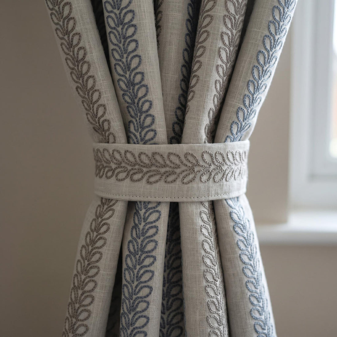 Linen Embroidered Curtains, Ivory Blue Gray Leaf Stripe Drapes, Blackout or Cotton Lined Farmhouse Panels — image 1