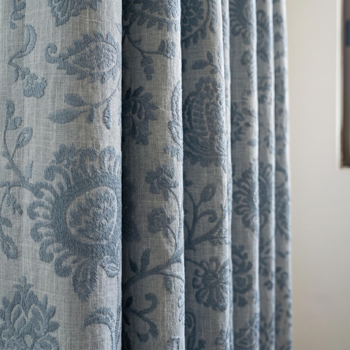 Linen Embroidered Curtains, Ivory Blue Floral Drapes, Blackout or Cotton Lined Farmhouse Panels — image 3