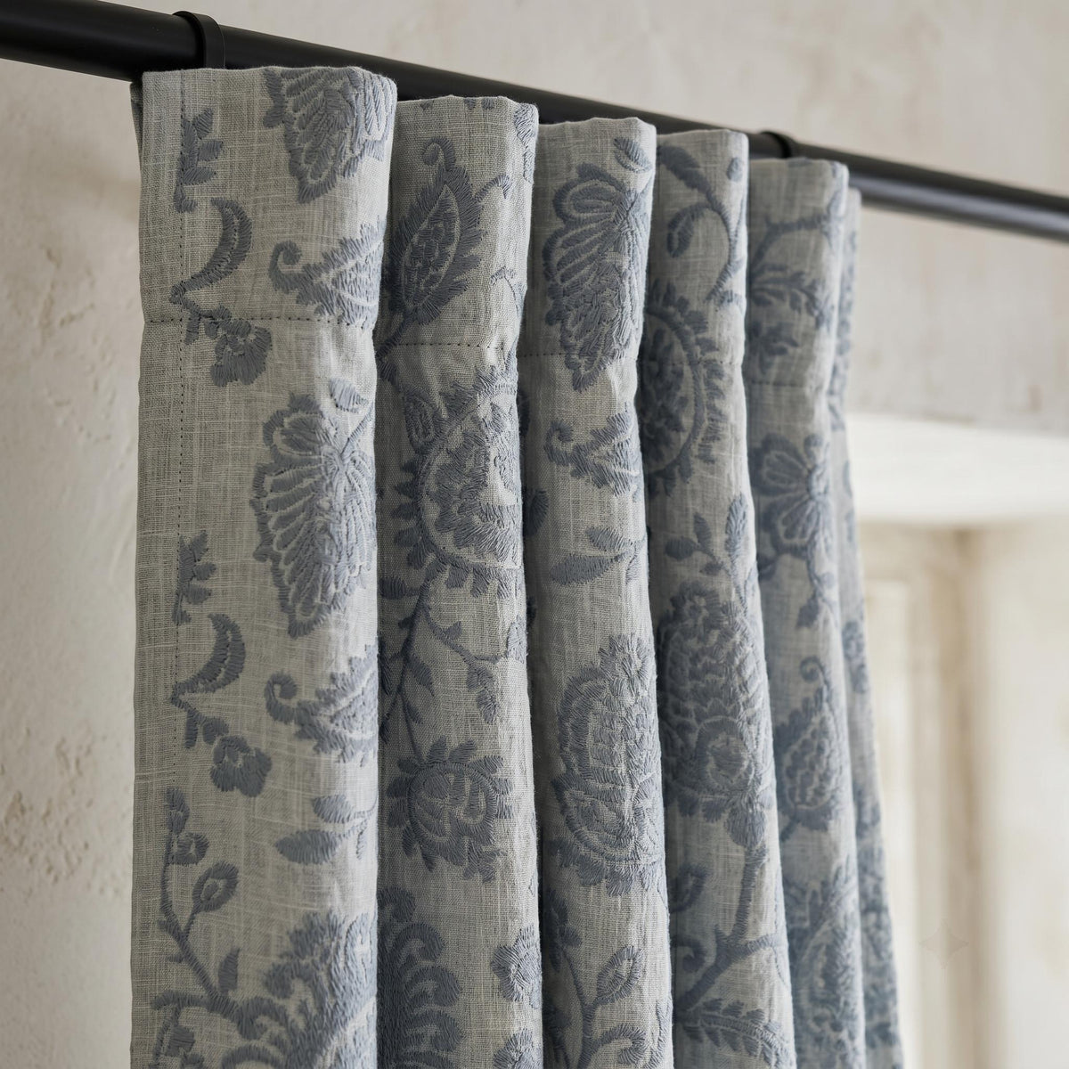 Linen Embroidered Curtains, Ivory Blue Floral Drapes, Blackout or Cotton Lined Farmhouse Panels — image 4
