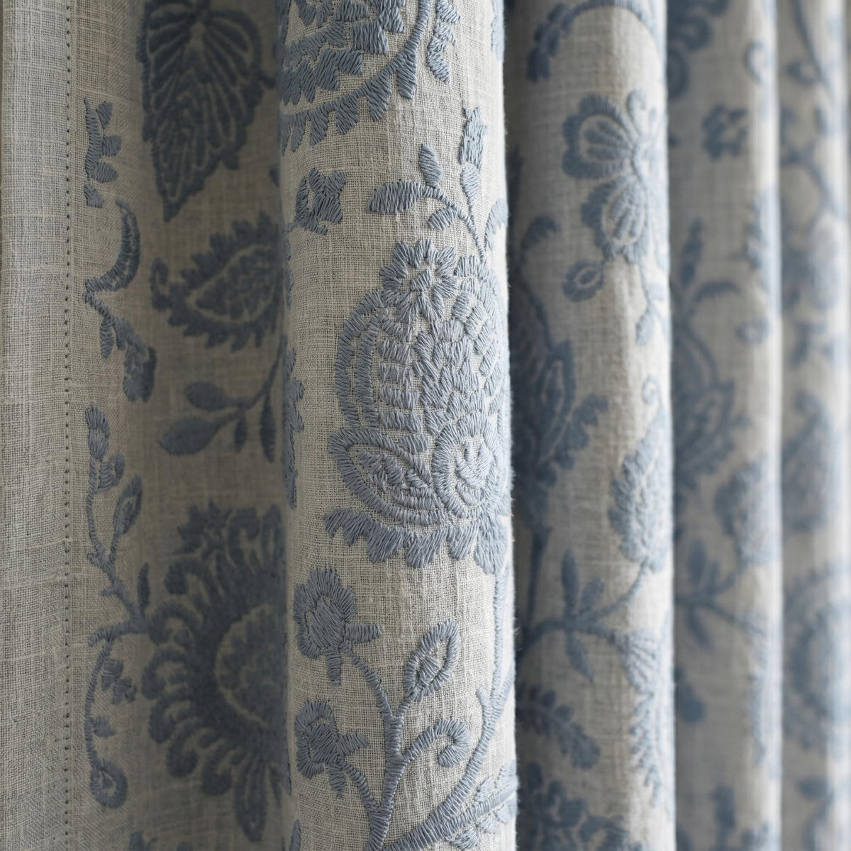 Linen Embroidered Curtains, Ivory Blue Floral Drapes, Blackout or Cotton Lined Farmhouse Panels — image 8
