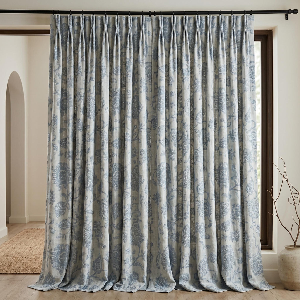 Linen Embroidered Curtains, Ivory Blue Floral Drapes, Blackout or Cotton Lined Farmhouse Panels — image 7