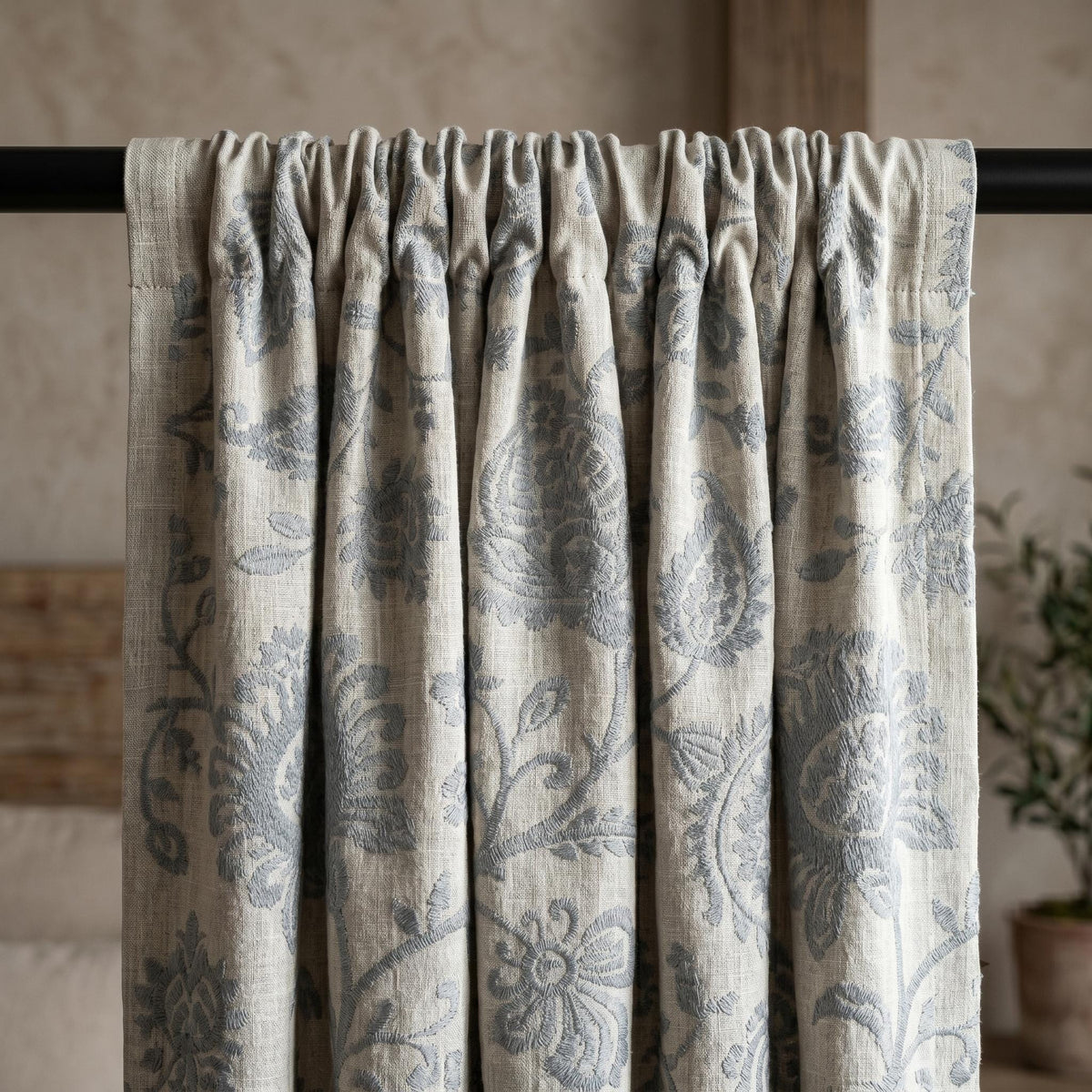 Linen Embroidered Curtains, Ivory Blue Floral Drapes, Blackout or Cotton Lined Farmhouse Panels — image 9