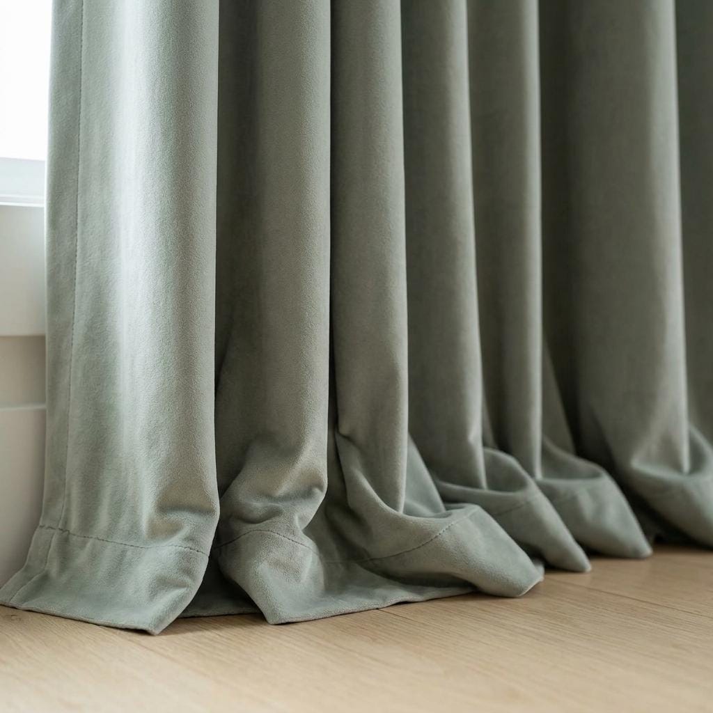 Pale Sage Velvet Curtains, Heavy Blackout Drapes, Soft Green Gray Custom Window Panels, Rod Pocket Back Tab Grommet — image 5