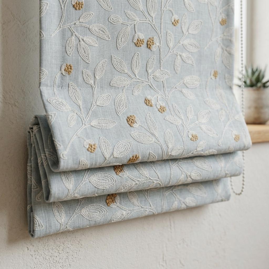 Sky Blue Linen Roman Shade, Ivory Botanical Embroidered Blind, Custom Corded Blackout or Cotton Lined — image 3