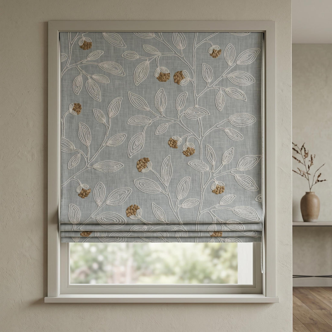 Sky Blue Linen Roman Shade, Ivory Botanical Embroidered Blind, Custom Corded Blackout or Cotton Lined — image 1