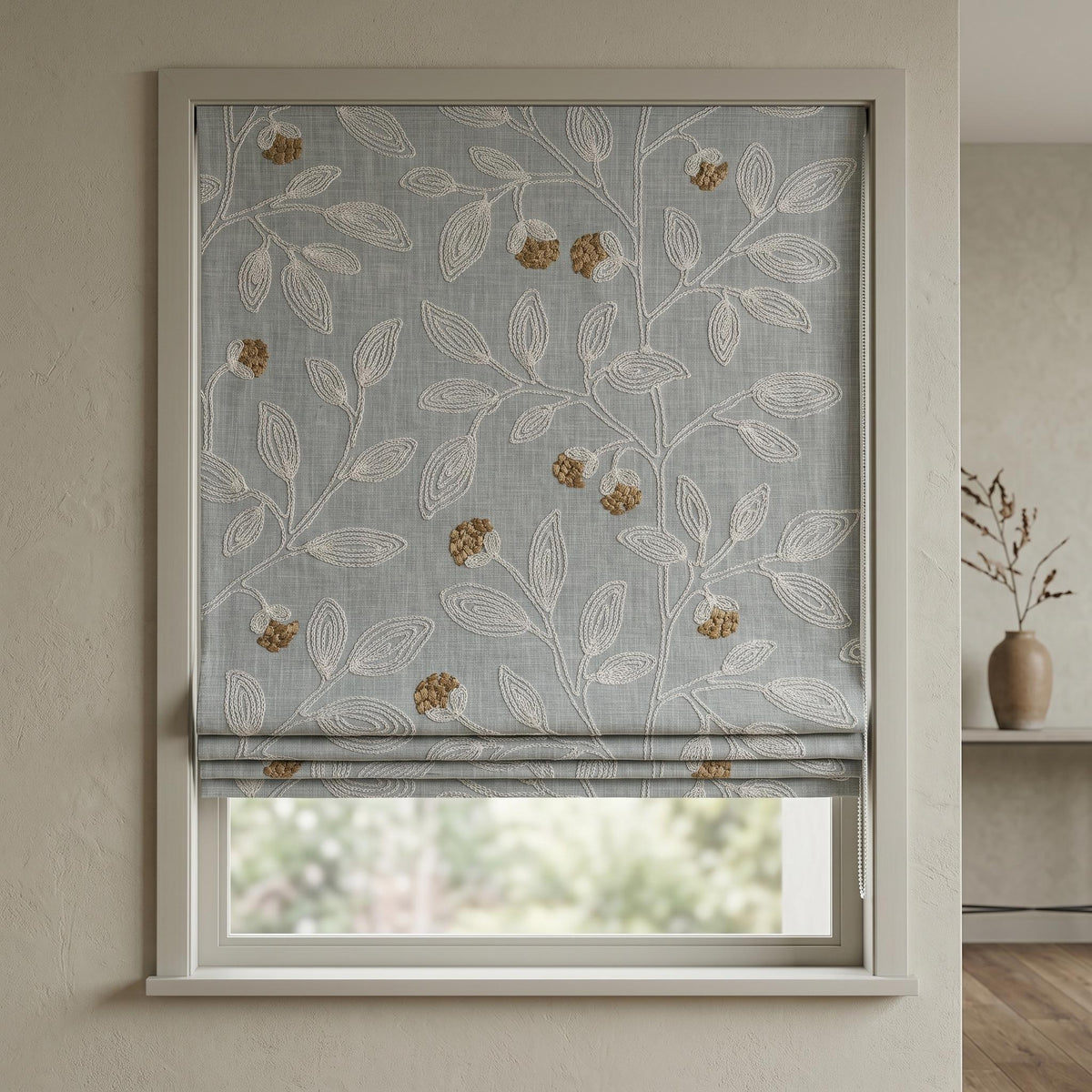 Sky Blue Linen Roman Shade, Ivory Botanical Embroidered Blind, Custom Corded Blackout or Cotton Lined — image 2