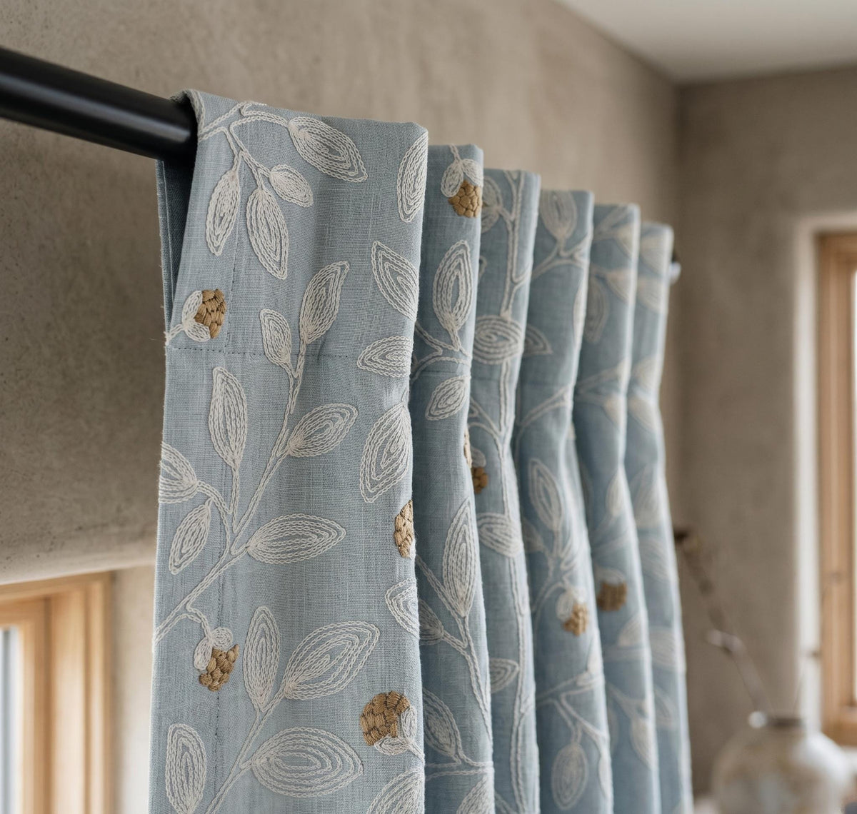 Blue Grey Embroidered Linen Curtains, Ivory Botanical Vine Drapes, Tan Floral Blackout Cotton Lined Custom Panels — image 5