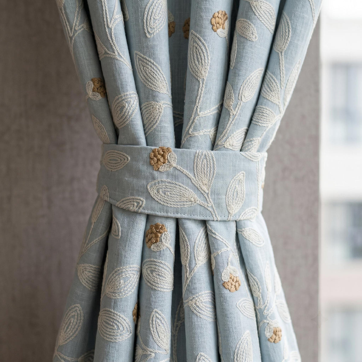 Blue Grey Embroidered Linen Curtains, Ivory Botanical Vine Drapes, Tan Floral Blackout Cotton Lined Custom Panels — image 4