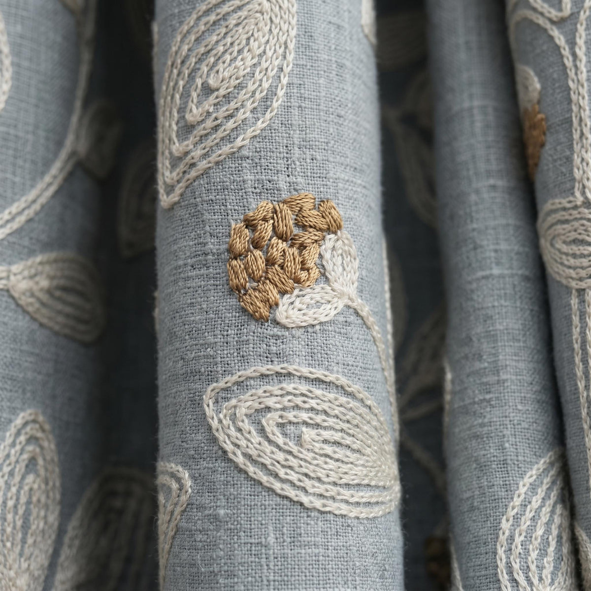 Blue Grey Embroidered Linen Curtains, Ivory Botanical Vine Drapes, Tan Floral Blackout Cotton Lined Custom Panels — image 6