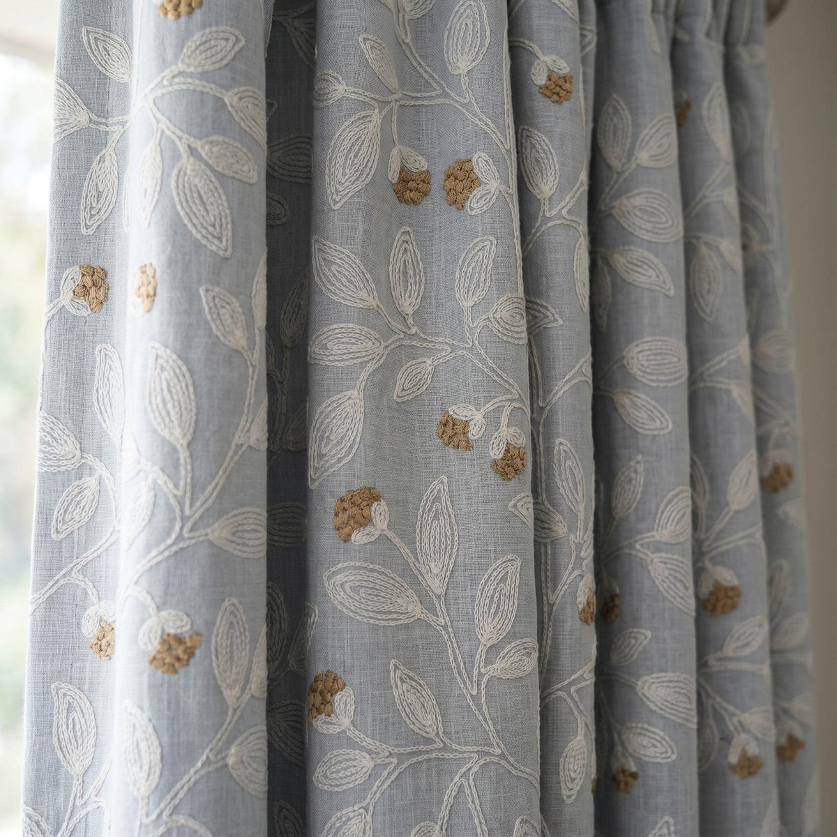 Blue Grey Embroidered Linen Curtains, Ivory Botanical Vine Drapes, Tan Floral Blackout Cotton Lined Custom Panels — image 7