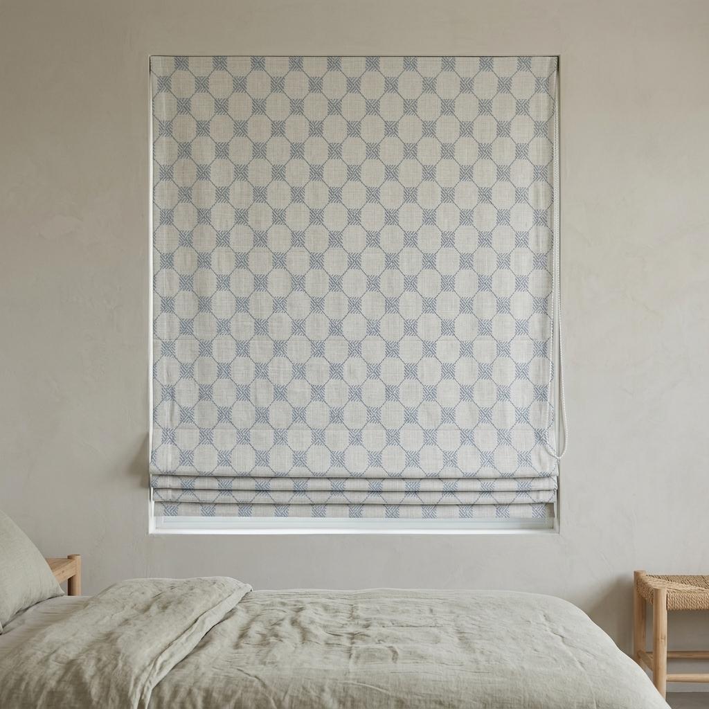 Blue Embroidered Linen Roman Shade, Diamond Trellis Custom Corded Blind, Blackout or Cotton Lined Window Shade — image 4